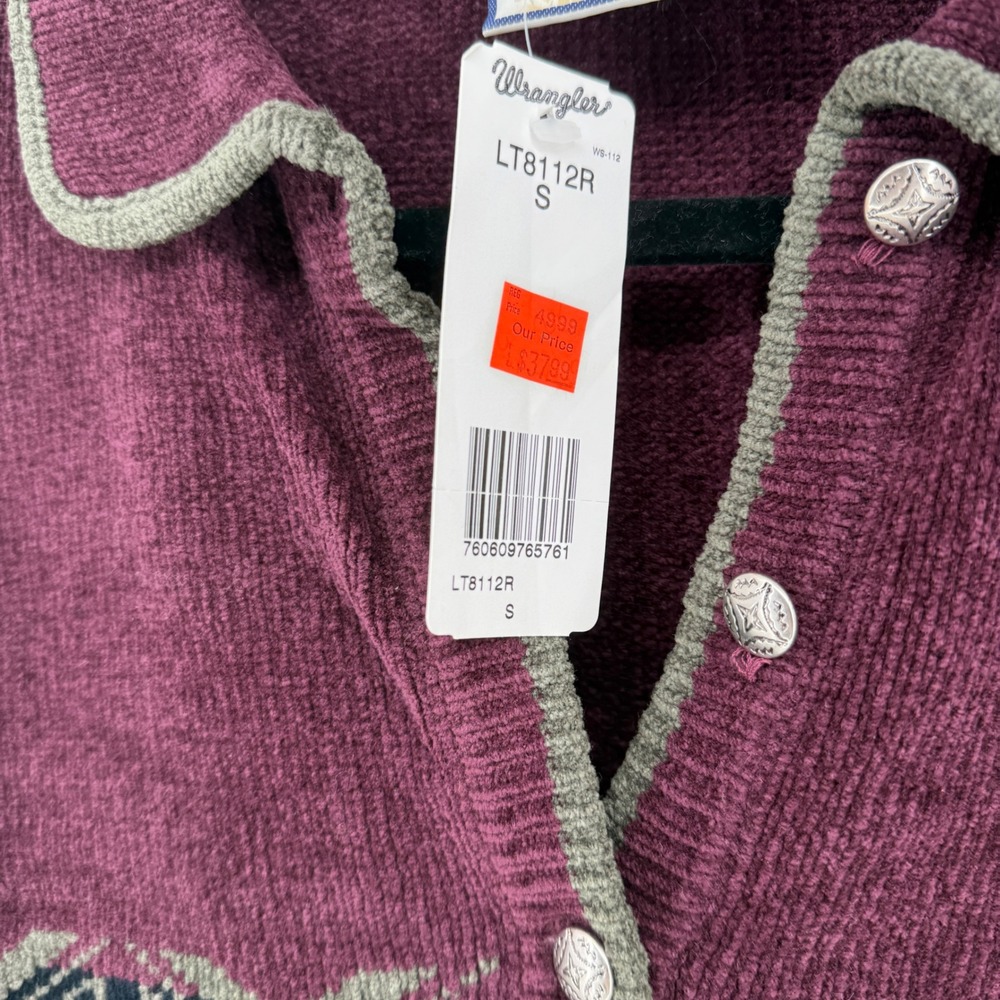 Wrangler Western Wear Womens Small Burgundy Chenille Aztec Cardigan NEW - Picture 2 of 7
